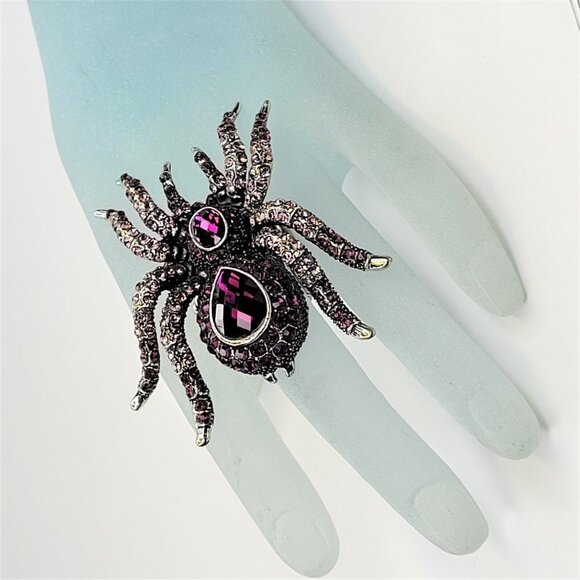 SPIDER Tarantula Pink Crystals Stretch Band Large Spider Charm Ring - Picture 2 of 12